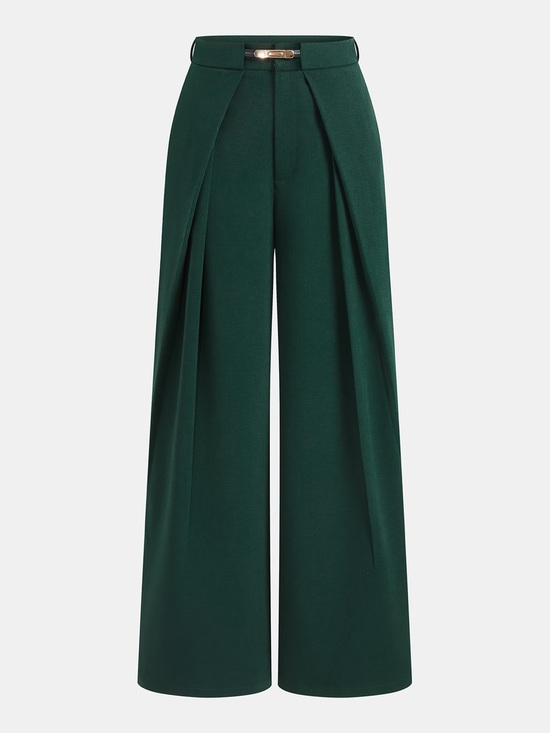 Commense Pants - Commense Mid Waist Belted Pleated Wide Leg Pants in Green, Large, New with tag